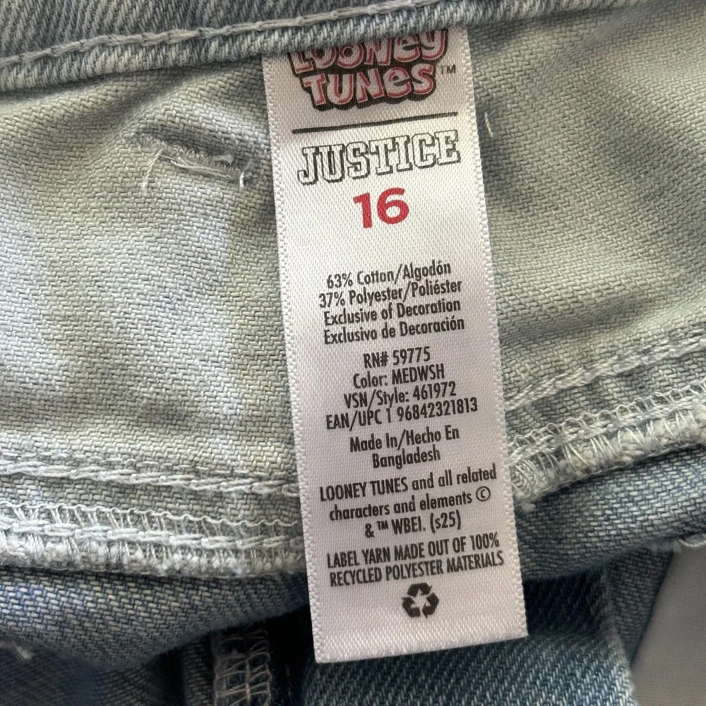Justice Jeans Girls 16 Blue Barrel Wide Leg Looney Tunes Bugs Bunny Cargo Denim